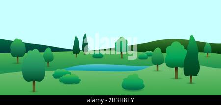 Landscape, Hills, Trees and a Lake Between the Hills. Deciduous Trees, Cypress Trees, Bushes. Modern flat Vector Image Isolated on white background. Stock Vector