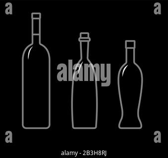 Set Of Bottles Of Different Shapes With A Narrow Neck. Glass Bottles For Various Drinks; Different Liquids. Vector Image On A Black Background. Stock Vector