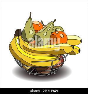 A Bowl of Fruit. A Lot Of Different Fruits. Banana, Pear, Orange, Mandarin, Apple. Vector Image on a white background. Stock Vector