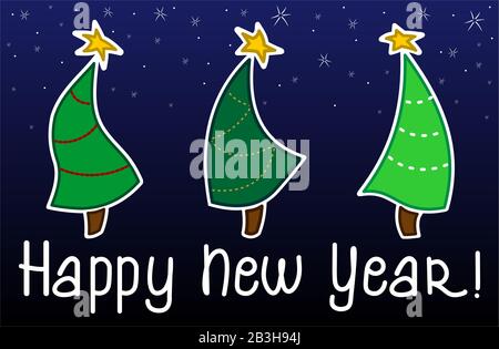 3 dancing christmas trees with stars on a blue background with snowflakes. New Year, Christmas. For decoration, greeting cards, scrapbooking. Handwrit Stock Vector