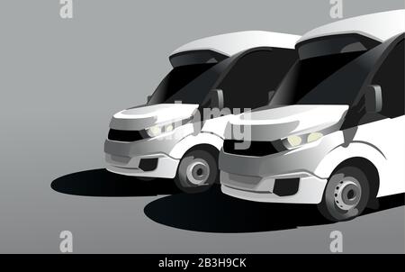 Buses to the bus station. Sightseeing, Tourist Buses in the parking lot. Buses for sale. Modern flat Vector illustration on white background. Stock Vector