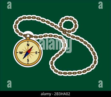 Vector Compass With Chain. Sticker In The Form Of A Vintage Compass On A Chain. Stock Vector