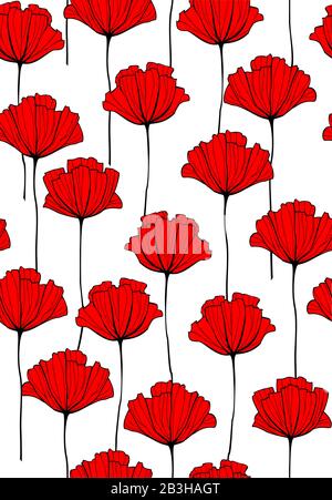 Vector Red Flowers Seamless Pattern. Red Poppy. Modern flat Vector Illustration, Background. Stock Vector
