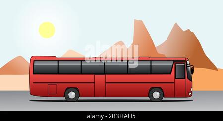 Bus Tour on Vacation. Travelling By Bus. bus ride. Red Bus On The Background Of Mountains. Modern flat vector illustration. Stock Vector