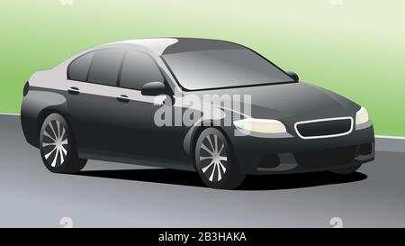 Passenger car on the background of asphalt, curb and lawn, three quarters view. Modern flat vector illustration. Stock Vector