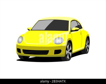 A Small Car, Front view, Three-quarter view. Yellow Car With A Rounded Body. Сompact Сity Сar. Vector Image Isolated On white background. Stock Vector