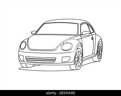 Small Car, Front view, Three quarter view. Contour Image Of A Rounded Car. Compact City Car. Coloring Book Page. Vector Image Isolated On a White Back Stock Vector