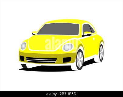 A Small Stylized Car, Front view, Three-quarter view. Yellow Car With A Rounded Body. Сompact Сity Сar. Vector Image Isolated On white background. Stock Vector