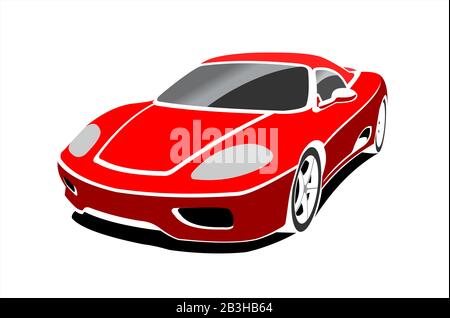 Red Stylized Car, Side view, Three-quarter view. Fast Racing car. Sport car. Modern flat Vector illustration on white background. Stock Vector