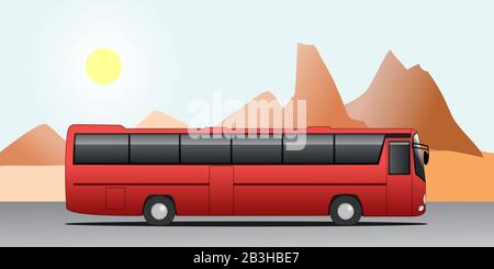 Bus Tour on Vacation. Travelling By Bus. bus ride. Red Bus On The Background Of Mountains. Modern flat vector illustration. Stock Vector
