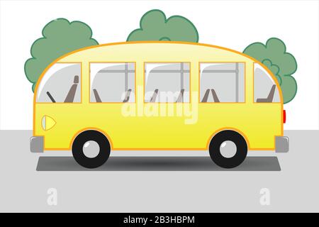 Yellow bus with seats and handrails on the background of trees, side view. Stock Vector