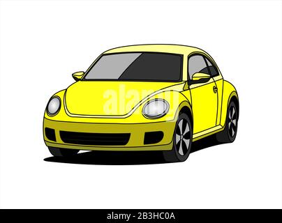 A Small Car, Front view, Three-quarter view. Yellow Car With A Rounded Body. Сompact Сity Сar. Vector Image Isolated On white background. Stock Vector