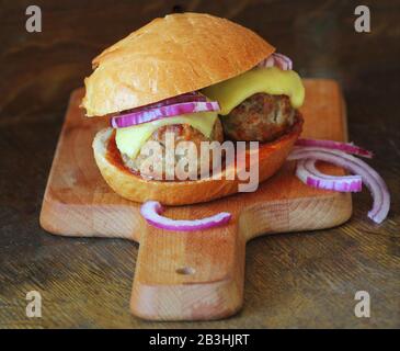 Homemade Spicy Meatball Sub Sandwich with Marinara Sauce and Cheese . Stock Photo