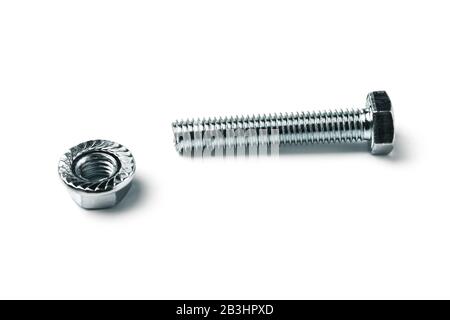 Bolt with nut isolated on white Stock Photo