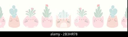 Kawaii cat plant pots with succulents seamless banner background. Cute vector border pattern design. Stock Vector