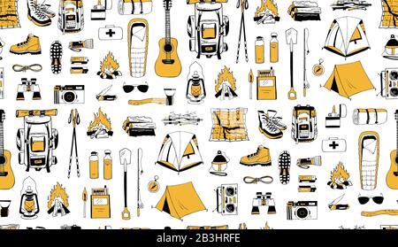 Vector seamless pattern with isolated elements in yellow, white, black colors. Positive endless texture. Hiking, camping. Backpack, boots, tent Stock Vector