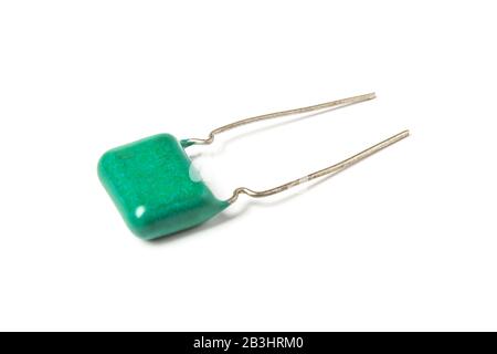 Electric capacitor close-up isolated on white Stock Photo