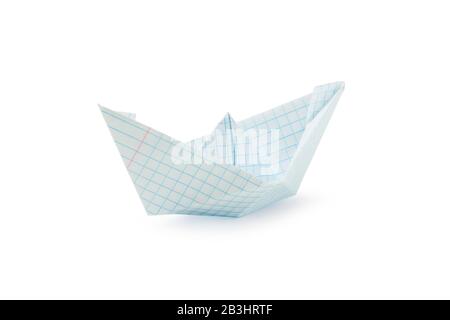 A paper boat from a school notebook sheet isolated on white Stock Photo