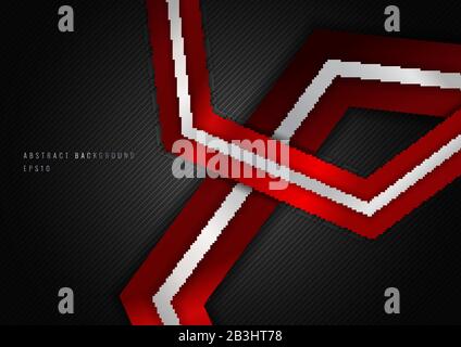 Abstract Red Metalic Geometric Hexagon with Silver Line Metal Overlapping Layer on Black Background. Vector Illustration Stock Vector