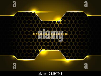 Abstract black and yellow metallic frame with lighting on hexagons texture pattern technology innovation concept background. Vector illustration Stock Vector