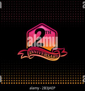 2th anniversary celebration logotype pink and yellow colored. two years birthday logo on black background. Stock Vector