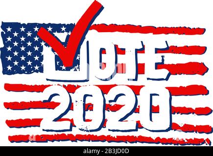 Check mark Vote 2020. US American presidential election 2020. Hand drawn lettering isolated.Vote word with check mark symbol.American flag Stock Vector