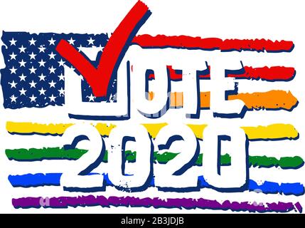 Check mark Vote 2020. US American presidential election 2020. Hand drawn lettering isolated.Vote word with check mark symbol.American flag Stock Vector