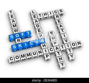 Personal Soft Skills Concept Word Cloud. 3D cubes crossword puzzle on white background. Stock Photo