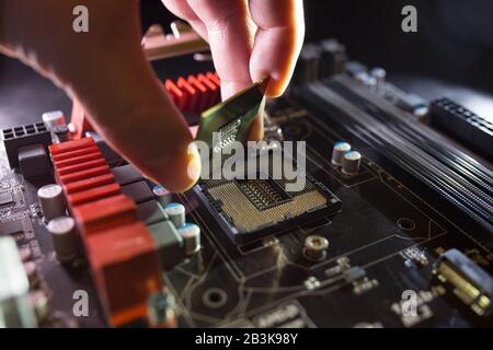 Technician plug in CPU microprocessor to motherboard socket. Workshop background. PC upgrade or repair concept. Stock Photo