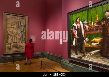 The National Gallery, London, UK. 2nd March 2020 (Image EMBARGOED until 09.30am Thursday 5th March 2020). Holbein’s fragile life-sized Henry VIII portrait, on loan from The National Portrait Gallery, goes on display in Room 2 at The National Gallery. Image (left): King Henry VIII; King Henry VII, Hans Holbein the Younger, ink and watercolour on paper, circa 1536-1537. Credit: Malcolm Park/Alamy Live News