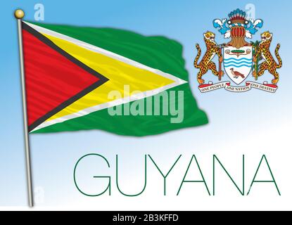 Guyana official national flag and coat of arms, south america, vector illustration Stock Vector