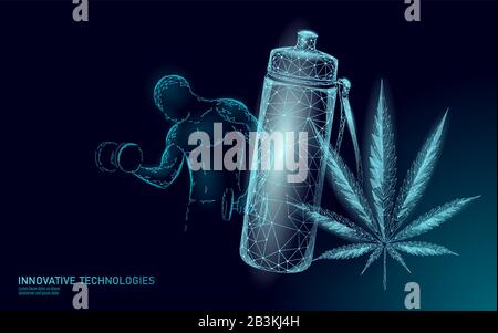 Hemp protein 3D sport drink concept. Bodybuilding nutrition supplement diet plant based powder. Vegan product weed superfood nutrient low poly vector Stock Vector