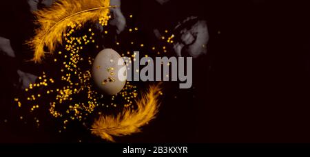 A chic festive pure Easter egg with star spangles with yellow feathers around it on a black shiny three-dimensional background. Happy Easter Banner co Stock Photo
