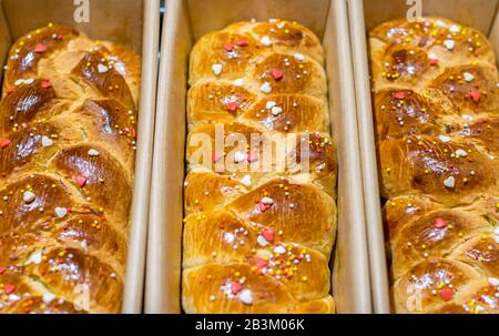 Traditional Cozonac also know as Kozunak, Pasqua, Tsoureki, Choreg. It is a type of Stollen or sweet leavened bread prepared for Easter and for every Stock Photo