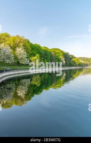 Valea Morilor park with Valea Morilor lake in Chisinau, Moldova on a sunny spring day. It is one of the most popular parks in Chisinau, Moldova. Stock Photo