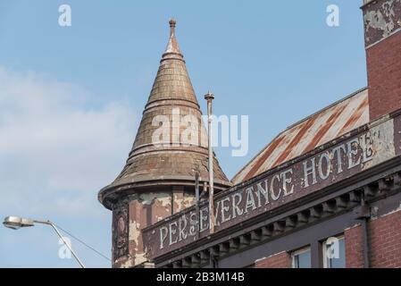 The conical turret above the 1880s built Perseverance Hotel on Brunswick Street, Fitzroy, Melbourne, Victoria, Australia Stock Photo