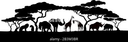 Animal Silhouettes African Safari Scene Stock Vector