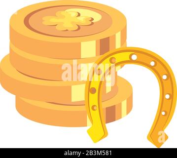 stack of coins with clovers and horseshoe Stock Vector