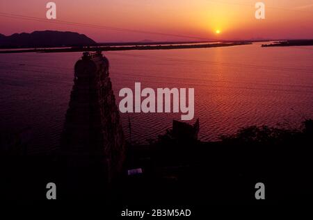 sunset at krishna river, vijaywada, prakasham barrage, andhra pradesh, India, Asia Stock Photo