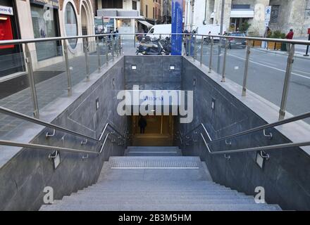 BRESCIA, Italy. 4 March 2020: Entrance to 'Vittoria metro station. Vittoria is a important station station on the new  single line Metrobs in Brescia, Stock Photo