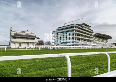 The Prince's Stand, Queens Stand and Duchess's Stand at Epsom Downs racecourse pictured on a non race day. Stock Photo