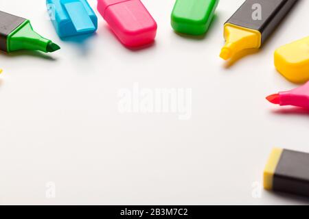 Multicolored highlighters. Isolated on white background close up Stock Photo
