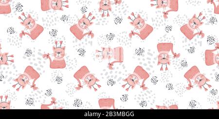 Seamless nursery cat pattern with cute colorful Kittens. Creative childish white and pink texture Stock Vector