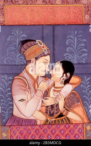 Mughal Emperor with Empress, king and queen, raja and rani, loving embracing miniature painting India Stock Photo