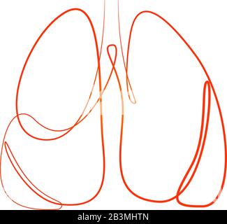 Single continuous line art anatomical human lungs silhouette in red inflamed colour. Healthy medicine against smoking concept design world no tobacco Stock Vector