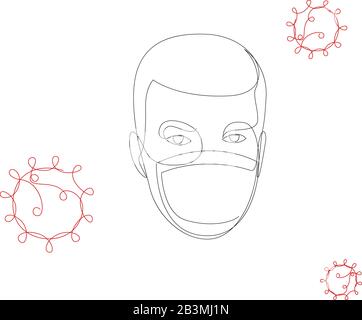One continuous line drawing medical face mask. Concept of coronavirus. Continuous single drawn person in mask with COVID-19 icons. One line hand-drawn Stock Vector