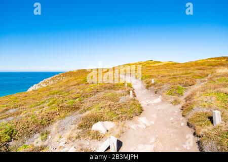 Landscape of the Brittany coast in the Cape Frehel region with its beaches, rocks and cliffs in summer. Stock Photo