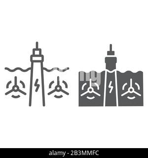 Tidal Power line and glyph icon, technology and alternative energy, hydroelectric sign, vector graphics, a linear pattern on a white background, eps Stock Vector