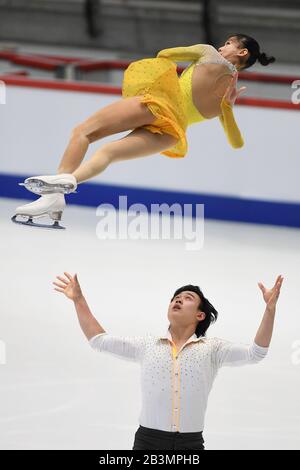 Yuchen WANG & Yihang HUANG from China, during Pairs Short Program at the ISU World Junior Figure Skating Championships 2020 at Tondiraba Ice Hall, on March 04, 2020 in Tallinn, Estonia. (Photo by Raniero Corbelletti/AFLO) Stock Photo