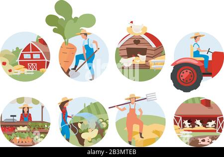 Farming flat concept icons set. Livestock & cattle farm. Agriculture stickers, cliparts pack. Farmers market produce. Crop plants cultivation Stock Vector